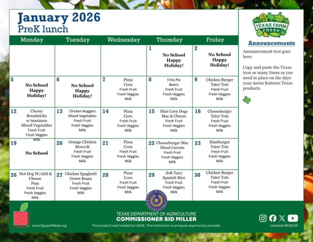 A menu providing lunch options for the month of January